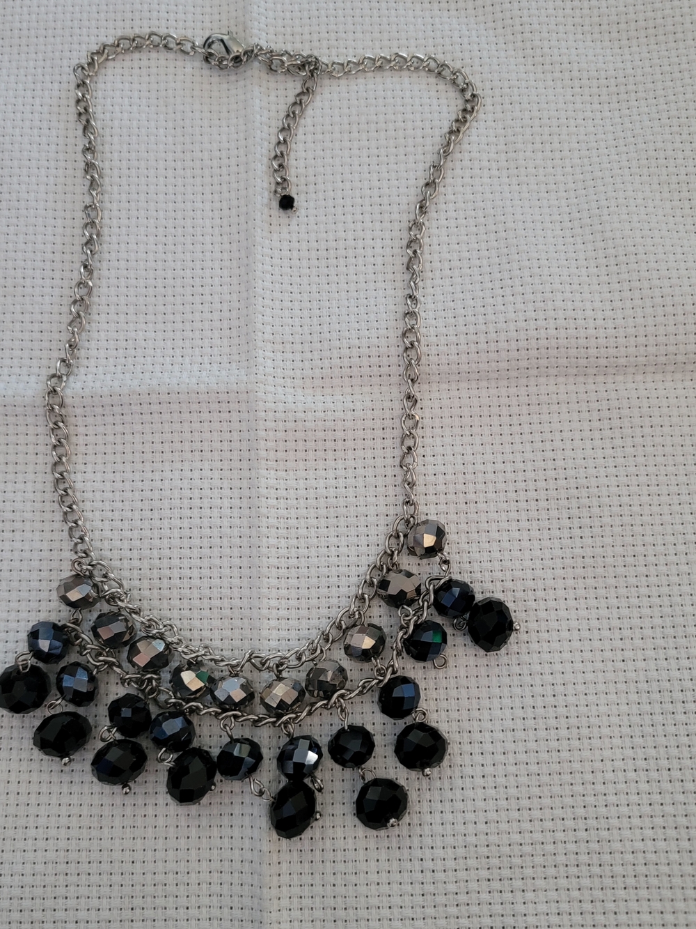 Statement Black Bead Drop Necklace - Silver Chain